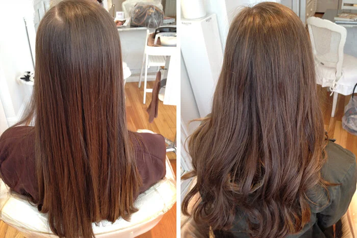 Comparison of a woman's hair before and after a haircut and styling. The hair is long, straight, and dark brown in the before image; it is shorter, styled with waves, and a lighter shade of brown after.