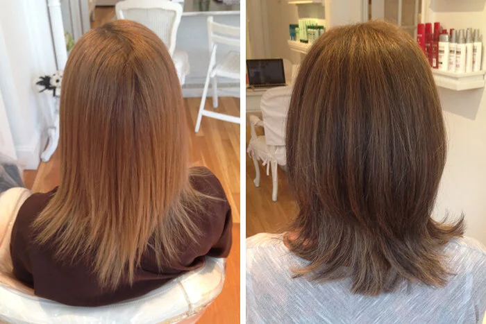 Side-by-side comparison of a woman's hair before and after a haircut or hair treatment. The left image shows longer, light brown hair, while the right image shows shorter, darker, and layered hair.
