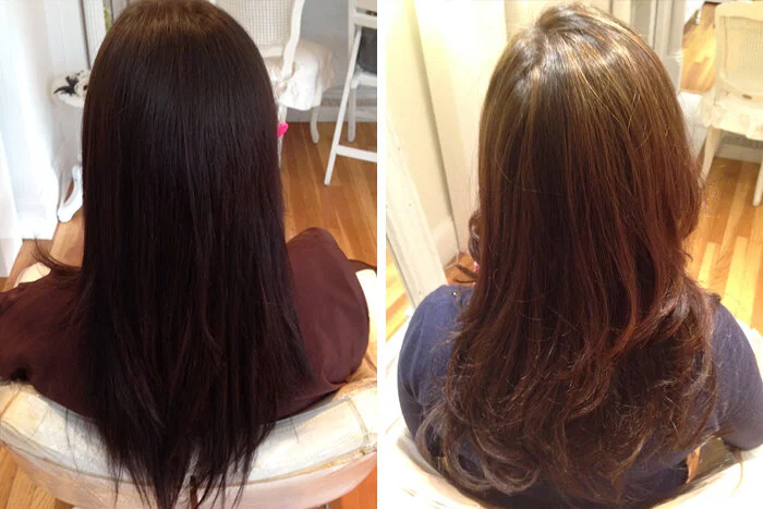 Side-by-side photos showing a woman's hair before and after a haircut and styling, with the before hair being slightly wavy and the after hair straight.