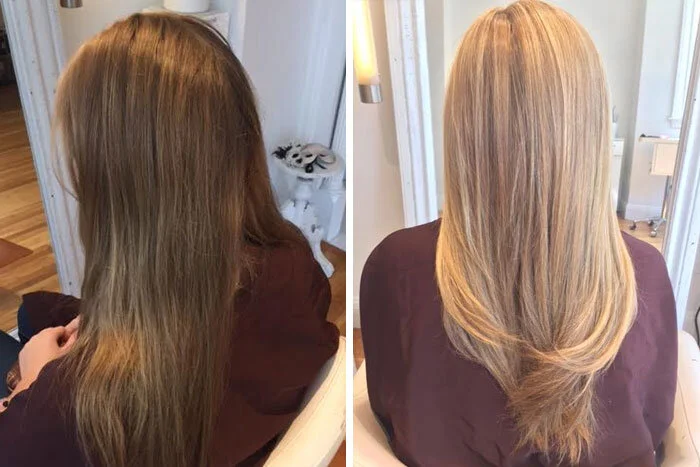Side-by-side photos of a woman with long hair before and after a hair treatment or styling, showing a transformation from dull to shiny, smooth hair.