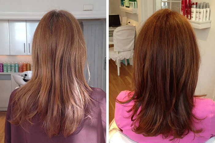 Side-by-side photos of a woman's hair before and after a hair makeover, showing improved color and style.