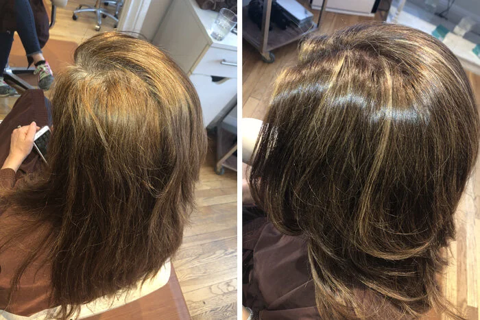 Before and after shots of a woman's hair showing a transition from frizzy, uneven, and dull hair to smooth, shiny, and styled hair.