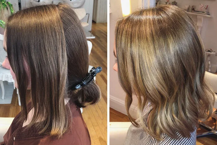 Side-by-side photos of a woman with shoulder-length hair before and after a professional haircut and hair coloring. The before photo shows her hair parted to the side with some pinkish highlights, while the after photo shows her hair styled in loose 