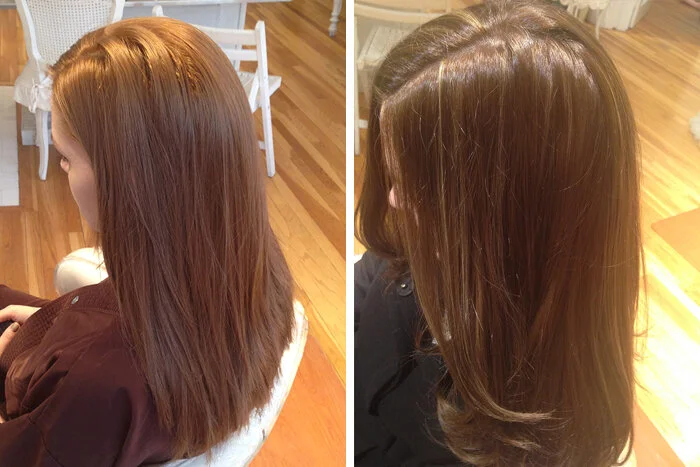 Side-by-side photos of a woman with previously straight, reddish-brown hair on the left and newly styled, wavy, darker hair on the right in a home setting.