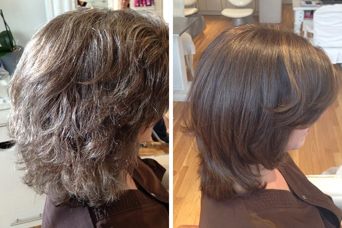 Side-by-side comparison of a woman's hair before and after hair styling. On the left, her hair is curly, thick, and gray. On the right, her hair is smooth, straight, and brown with a layered cut.