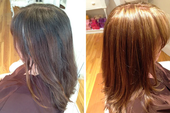 Side-by-side comparison of a woman's hair before and after a hair color treatment, showing a change from dark brown or black to a vibrant reddish-brown shade.