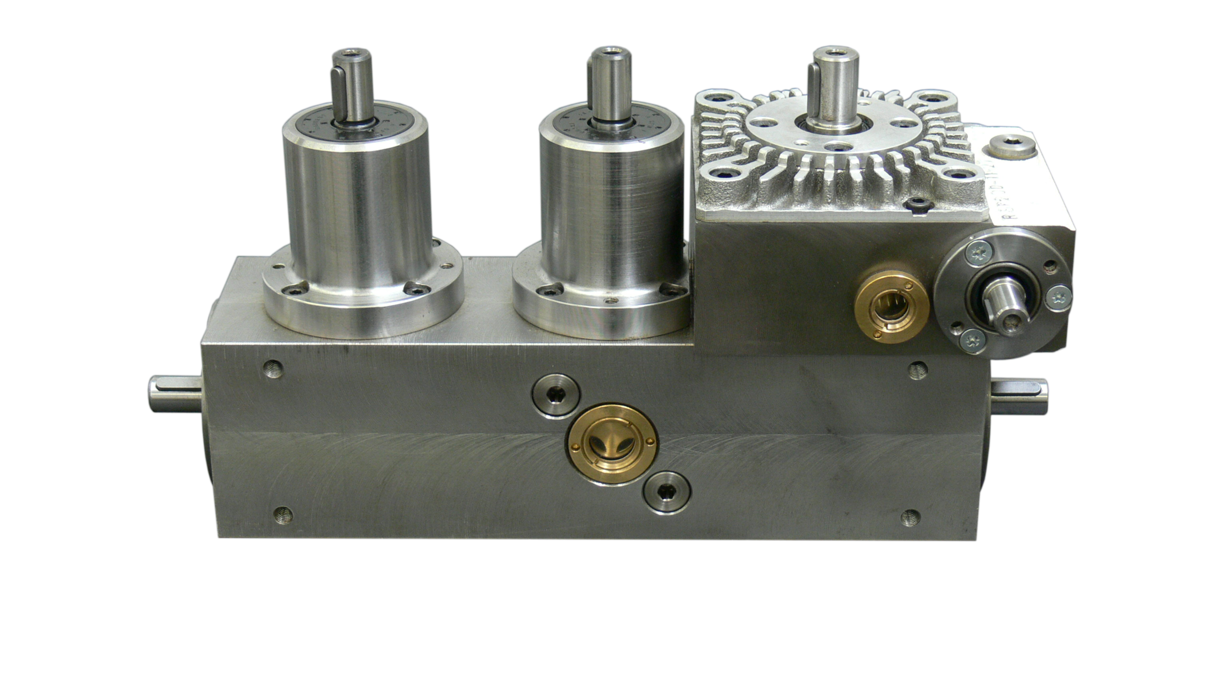 An example of a special Tandler custom gearbox consisting of an input and output in line then 3 outputs at 90 degrees vertically one of which has a phasing gearbox mounted allowing for speed registration control