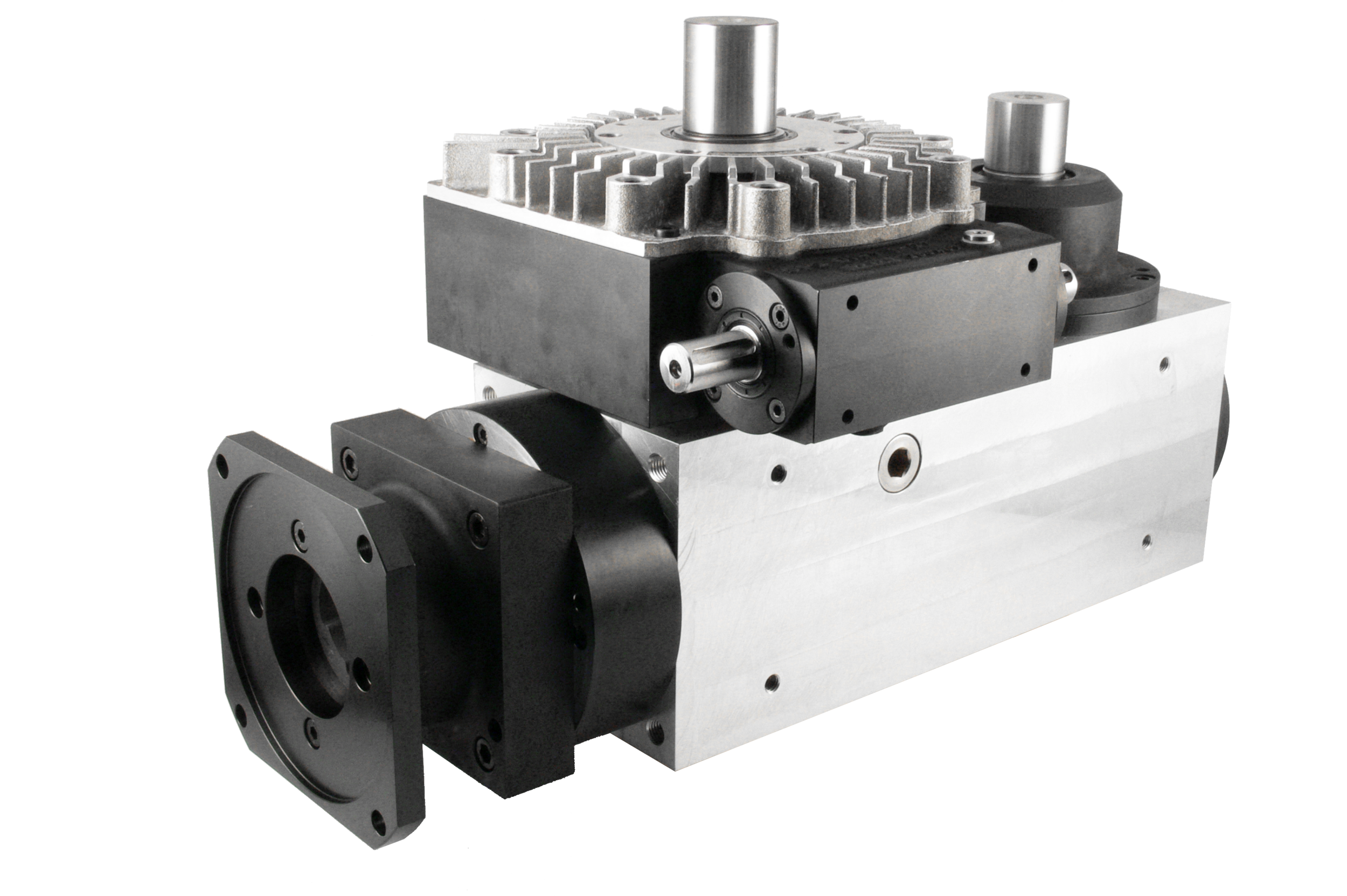 Example of a Tandler custom gearbox with a motor adaptor flange on input a phasing gearbox at the output to allow for fine register control relative to the inputand an additional output shaft