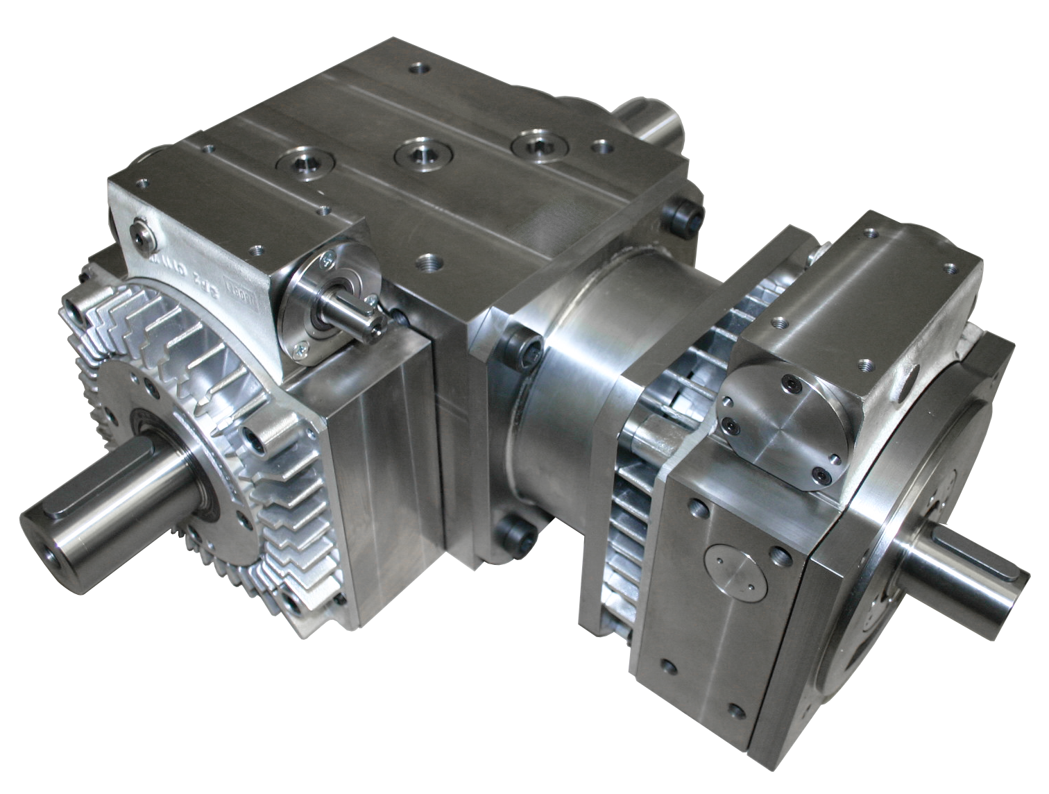 A close-up of a special custom Tandler gearbox consisiting of a spiral bevel right angled unit with a phasing gearbox at input and outputs to allow for precise register at both sides