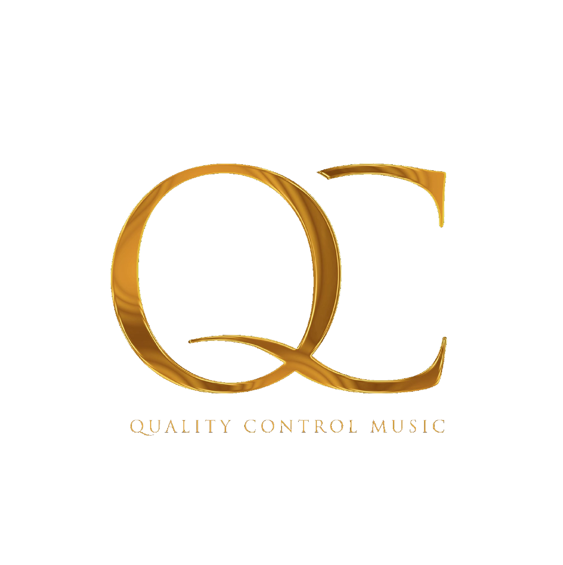 Gold logo with the letters 'Q' and 'C' intertwined, and text underneath that reads 'Quality Control Music'.