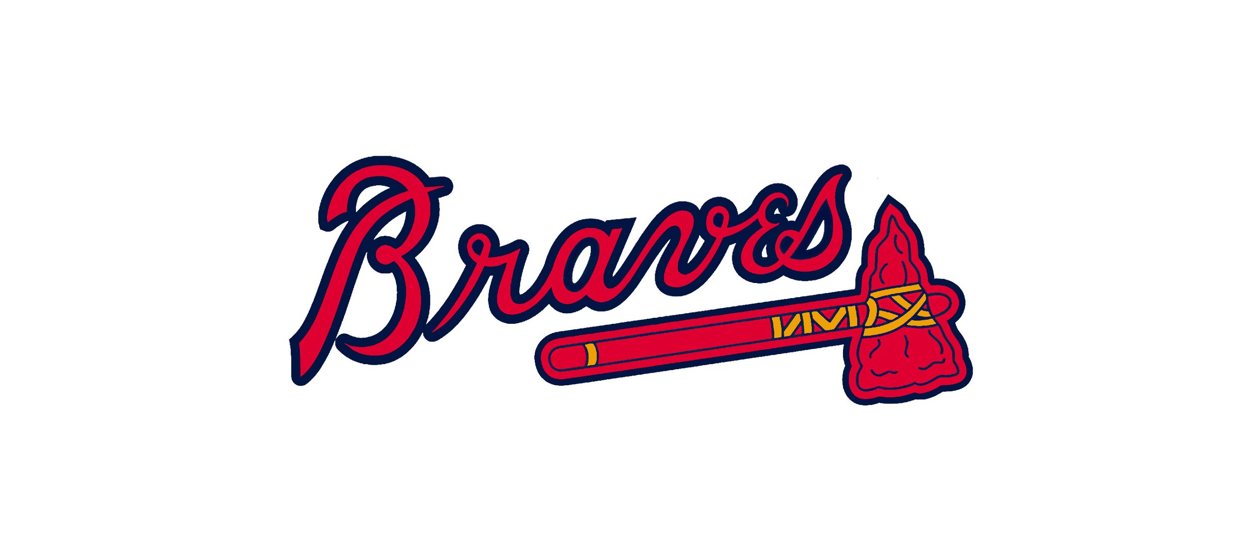 Atlanta Braves logo with team name in red script and a baseball bat crossing a red Braves head with yellow stitching.