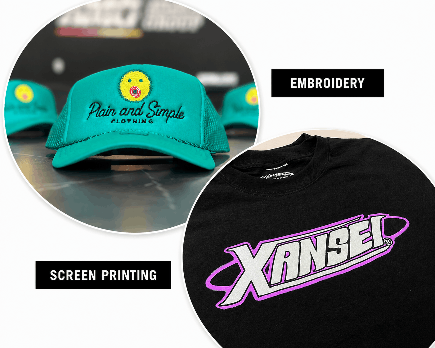 Two of the most popular apparel decoration methods: embroidery for premium stitched finishes and screen printing for bold, long-lasting graphics.