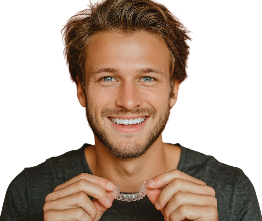 A smiling young man with light brown hair and a beard holding an invisible aligner in front of his mouth.