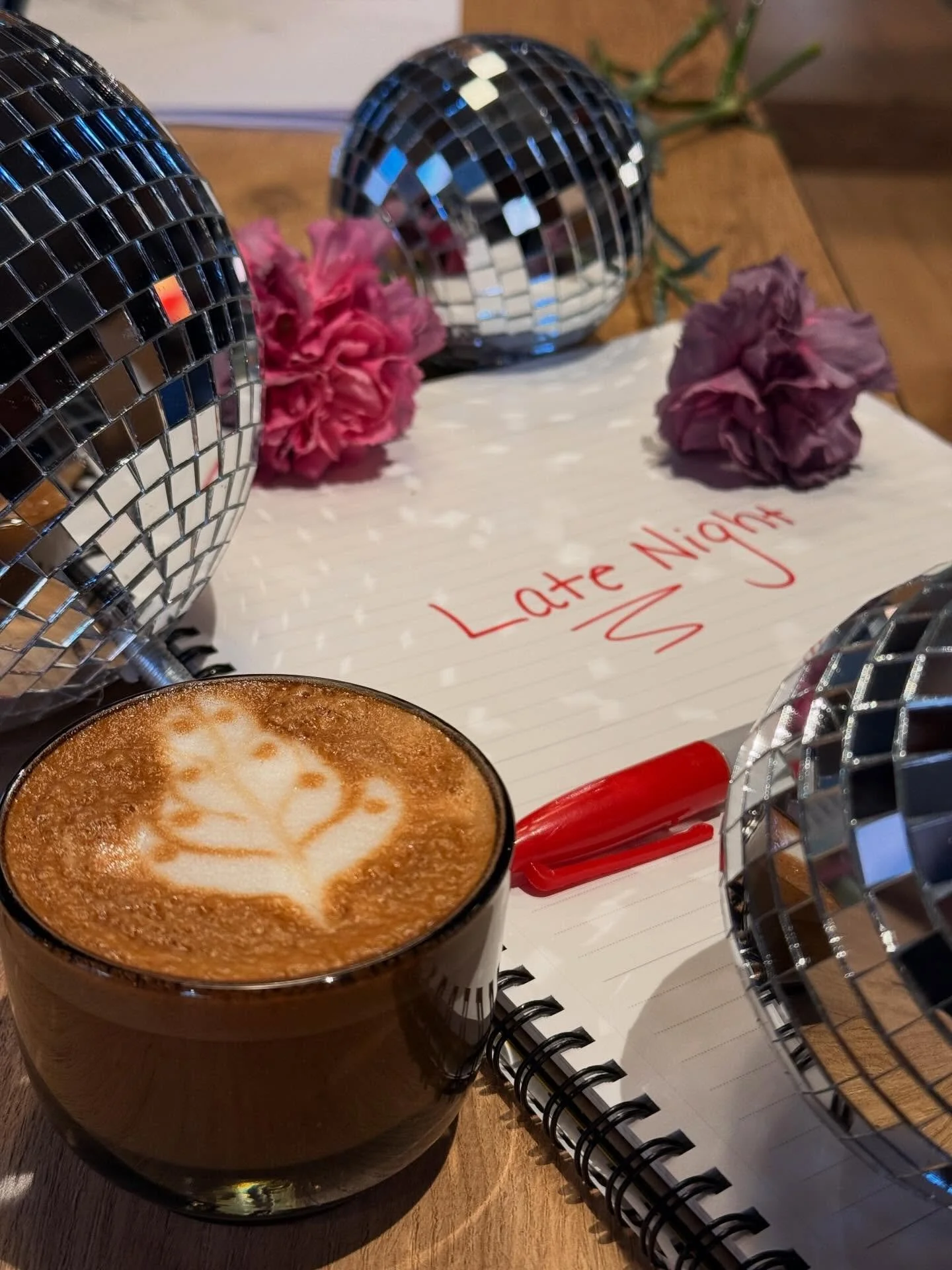 Cafe late night, May 1st. Open til 10pm. Live DJ. 🪩 
&bull;
&bull;
Some ideas for the night: unwind from the work week with a cortado, catch up with friends, bring the family for dinner, have an admin sesh, journal&hellip; make it what you want, but