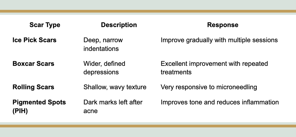 Acne scar types and how they respond to microneedling, including ice pick scars, boxcar scars, rolling scars, and post-inflammatory hyperpigmentation.