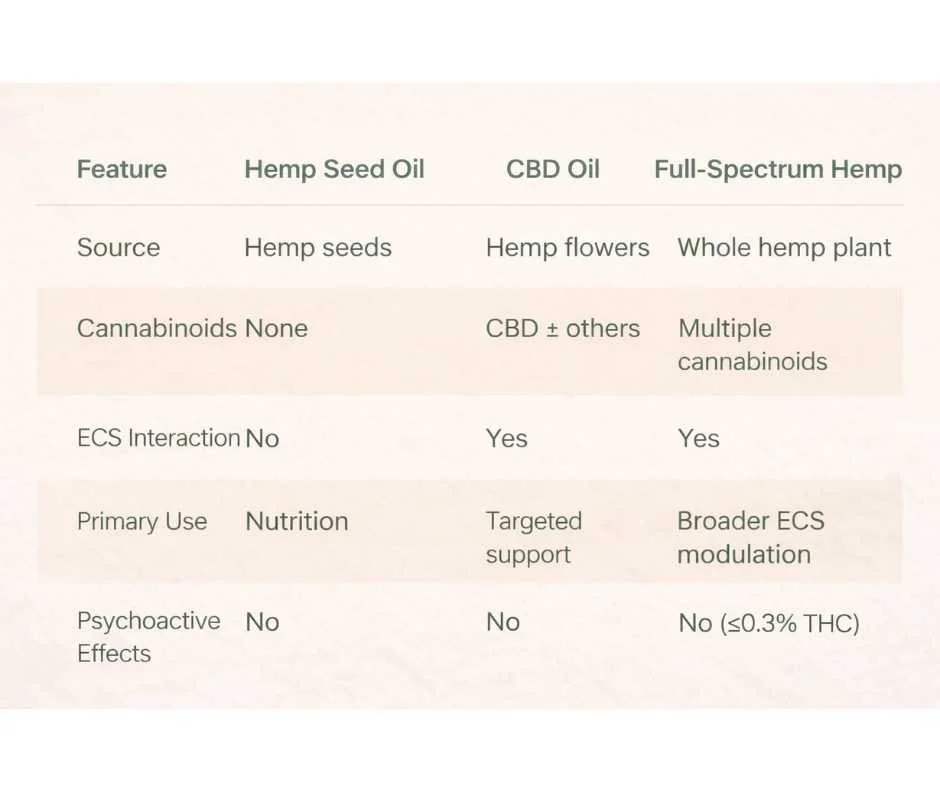 Comparison chart showing differences between hemp seed oil, CBD oil, and full-spectrum hemp oil by source, cannabinoid content, ECS interaction, and primary use