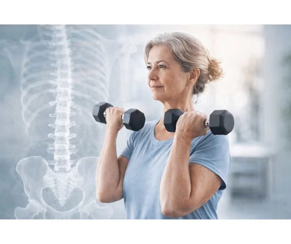 Postmenopausal woman performing controlled resistance exercise to support bone density and long-term osteoporosis prevention