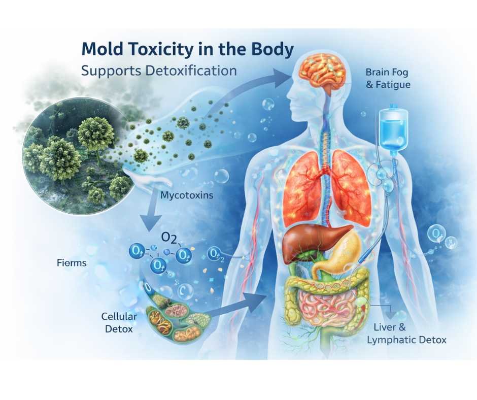 Illustration showing mold toxicity effects on the human body with emphasis on liver, gut, lymphatic detox pathways and oxygen-based support used in functional medicine care