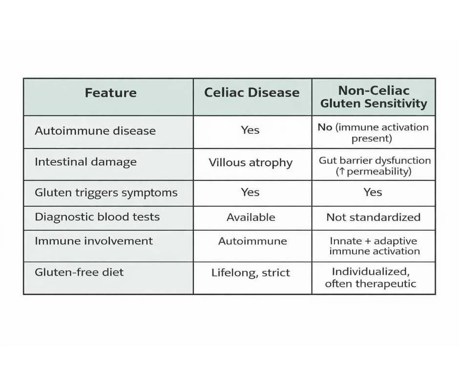 Comparison chart showing differences between celiac disease and non-celiac gluten sensitivity, including immune involvement, gut barrier damage, diagnostic testing, and gluten-free diet requirements