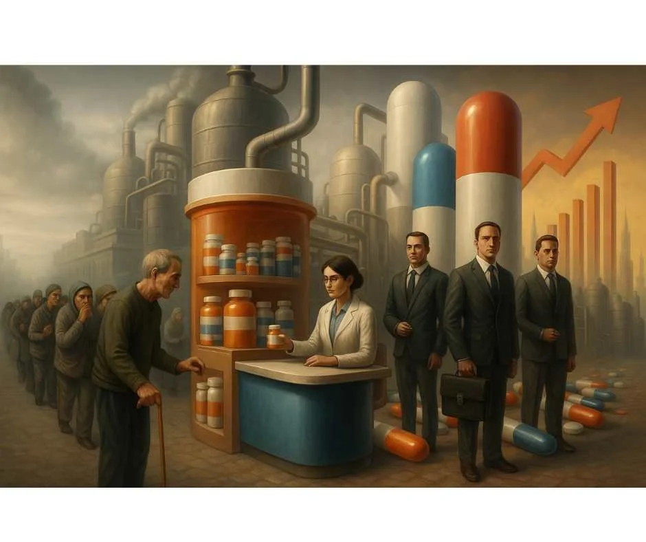Illustration showing patients receiving prescription medications in an industrial medical system, representing overmedication and nutrient depletion from heart and metabolic drugs