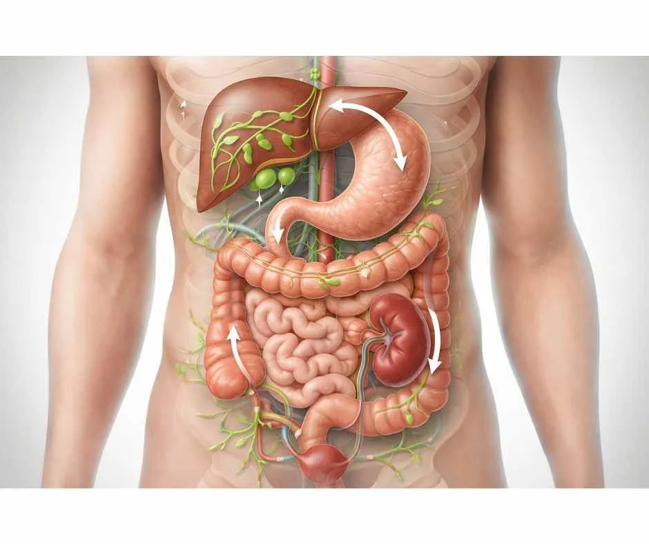 anatomical illustration of liver gastrointestinal tract kidneys and lymphatic system involved in natural detoxification