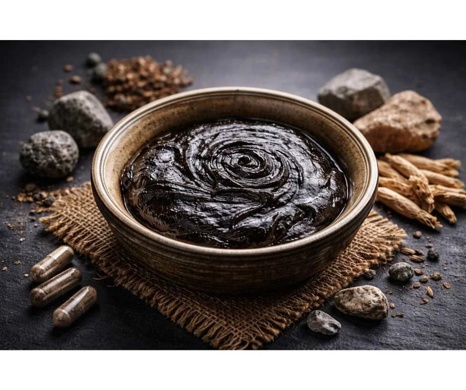 Purified Shilajit resin in ceramic bowl representing mitochondrial energy production, hormone support, and detoxification benefits