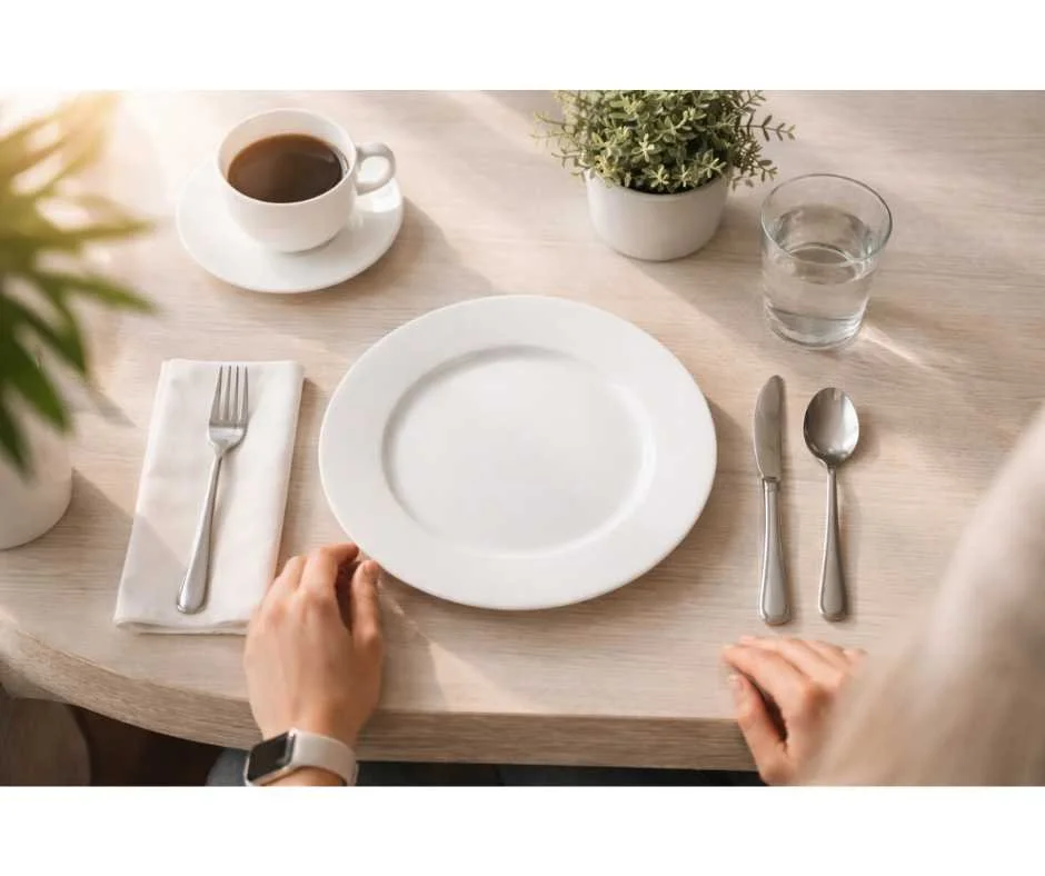 Minimalist breakfast table with empty plate, coffee, and water representing safe and personalized intermittent fasting for weight loss
