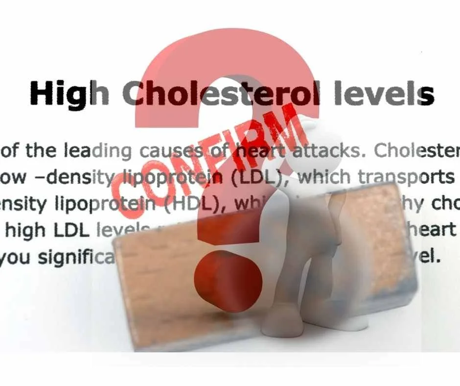 Medical concept image showing high cholesterol label stamped over heart model and pills representing cholesterol myths and statin treatment for heart disease