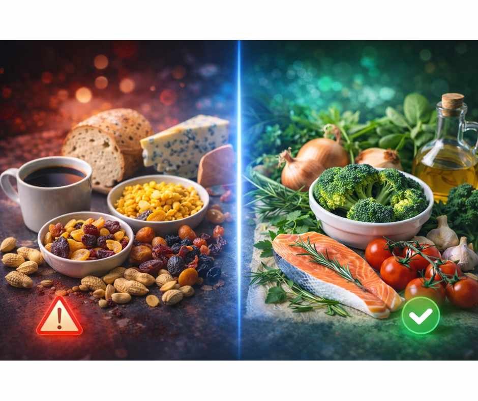 Visual comparison of high-risk and low-risk foods for a mold detox diet to reduce dietary mycotoxin exposure