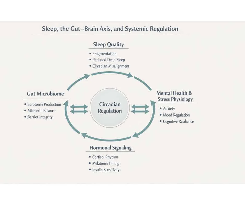 sleep gut brain axis feedback loop showing bidirectional relationship between sleep quality, gut microbiome, hormonal signaling, and mental health
