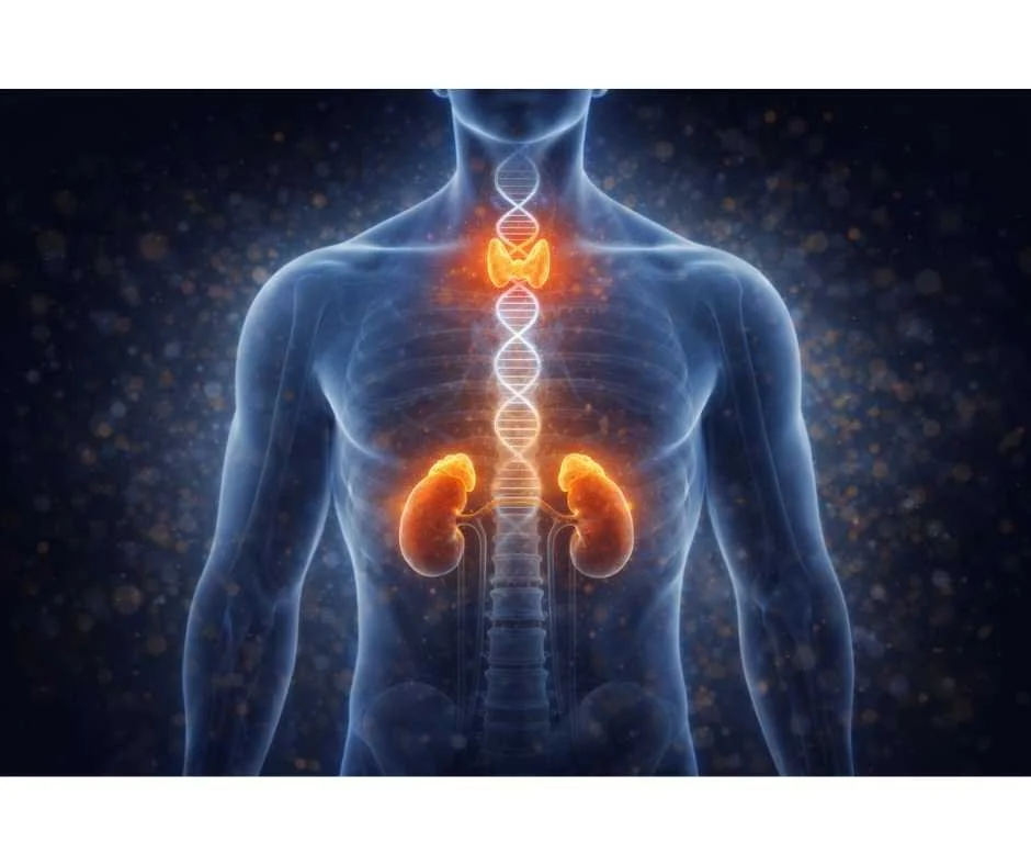 Semi-transparent human torso illustrating the regulatory connection between adrenal stress signaling and thyroid hormone function