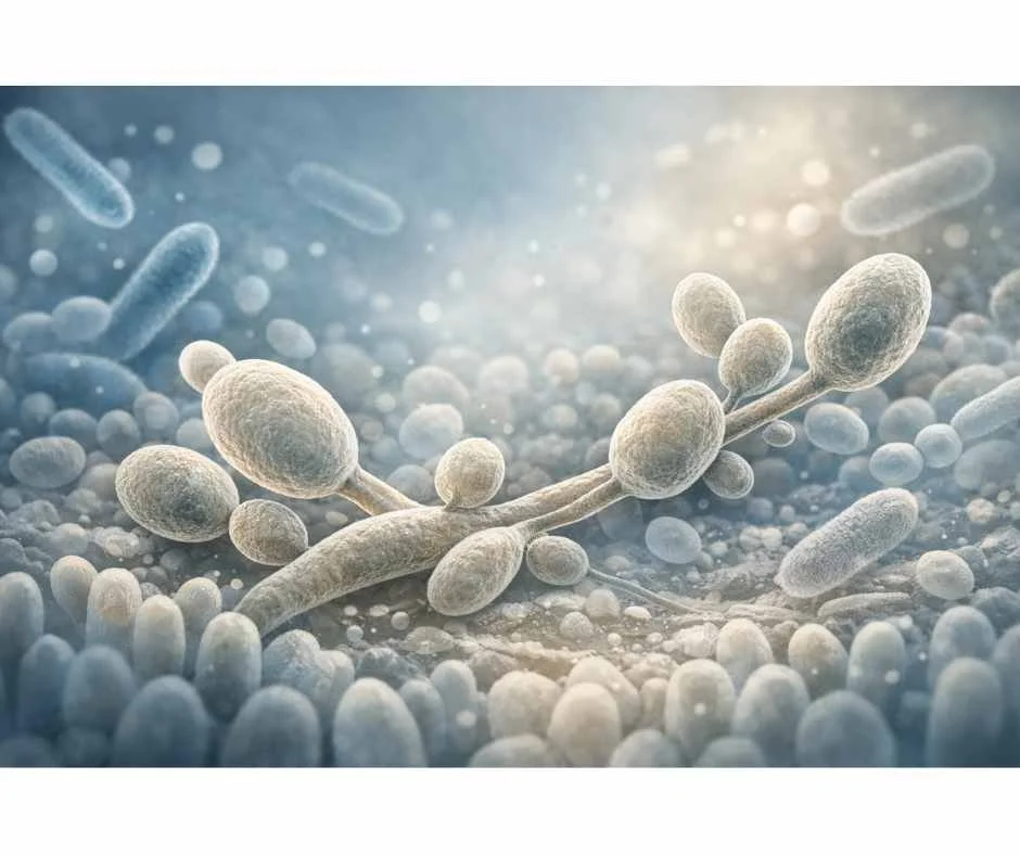 High-resolution medical illustration of Candida albicans yeast overgrowth within the human microbiome, showing systemic microbial imbalance beyond vaginal infection
