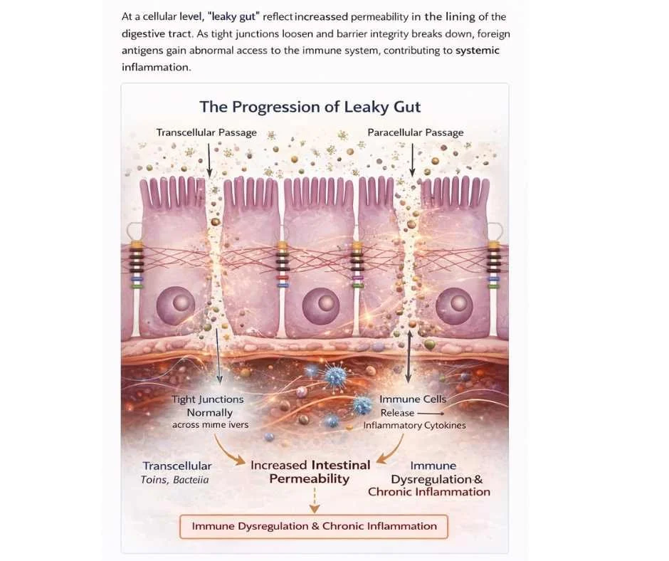 Diagram illustrating how increased intestinal permeability allows immune-activating particles to cross the gut barrier and trigger inflammation