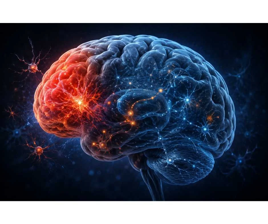Medical illustration showing neuroinflammation, prefrontal cortex dysfunction, disrupted dopamine signaling, and brain inflammation associated with ADHD.