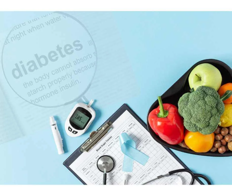 Glucose monitor and blood sugar tracking sheet beside heart-shaped tray of fruits representing insulin resistance and type 2 diabetes prevention.
