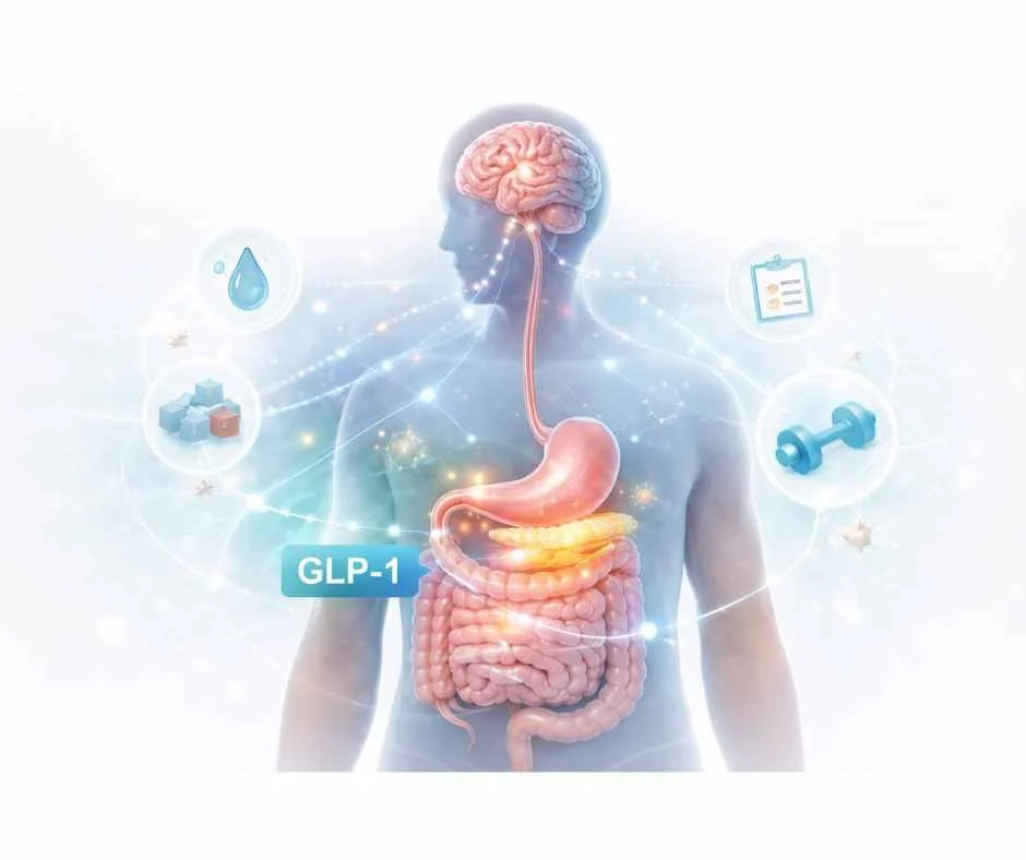 Illustration showing GLP-1 metabolic signaling between the gut, pancreas, and brain involved in blood sugar regulation and appetite control