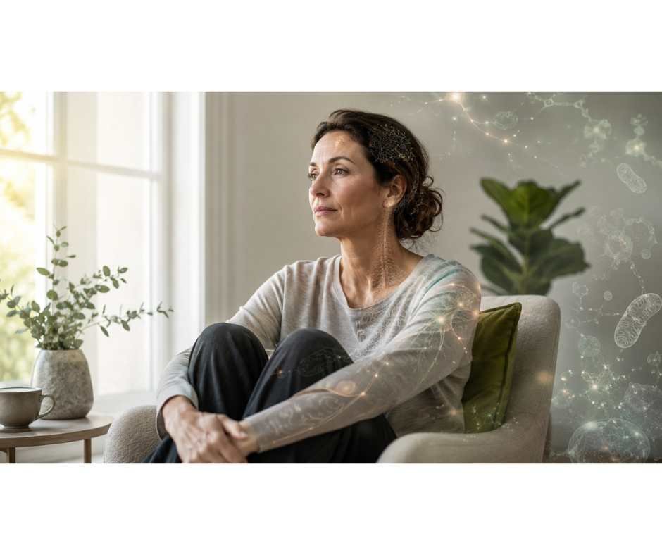 Woman with chronic Lyme disease symptoms shown with subtle nervous system, mitochondrial, and immune-system visual overlays representing a functional medicine approach to persistent Lyme symptoms.