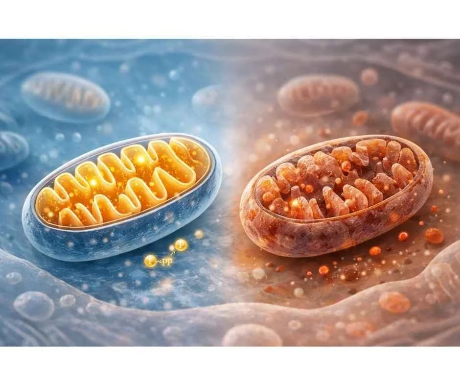 Medical illustration comparing healthy and stressed mitochondria involved in cellular energy production