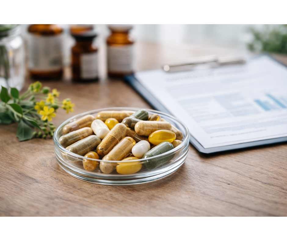 High-quality dietary supplements in a glass dish with certificate of analysis in the background representing third-party testing and supplement safety