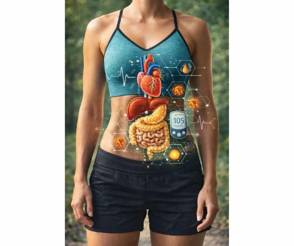 Torso of a metabolically fit adult with subtle internal organ overlay highlighting insulin signaling, liver health, and visceral fat regulation