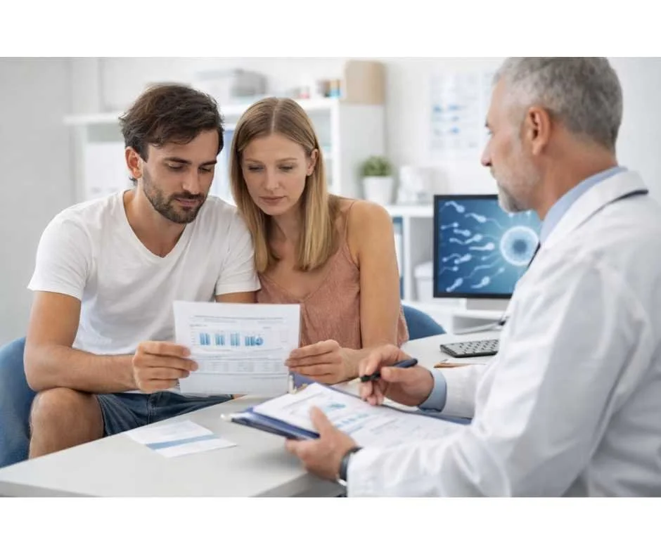 Male infertility evaluation with couple reviewing fertility test results during an integrative medical consultation