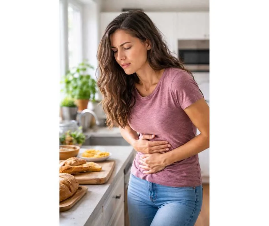 Woman experiencing abdominal pain and bloating triggered by gluten exposure, illustrating gut and immune dysfunction