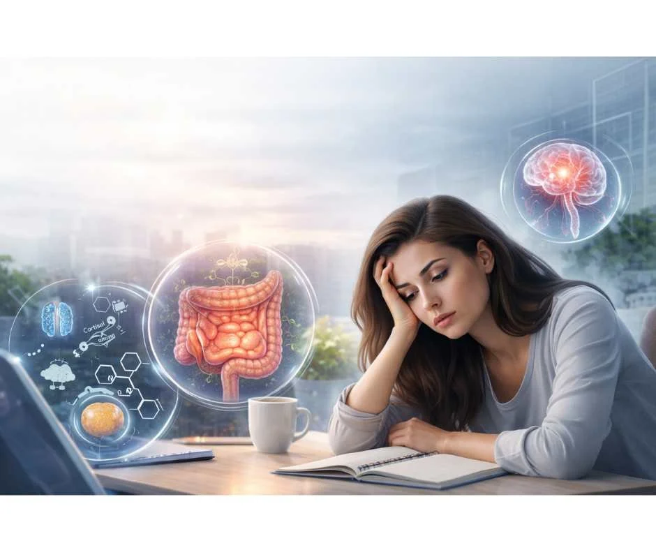 Illustration showing how poor sleep disrupts circadian rhythm, gut health, hormonal signaling, and metabolic regulation
