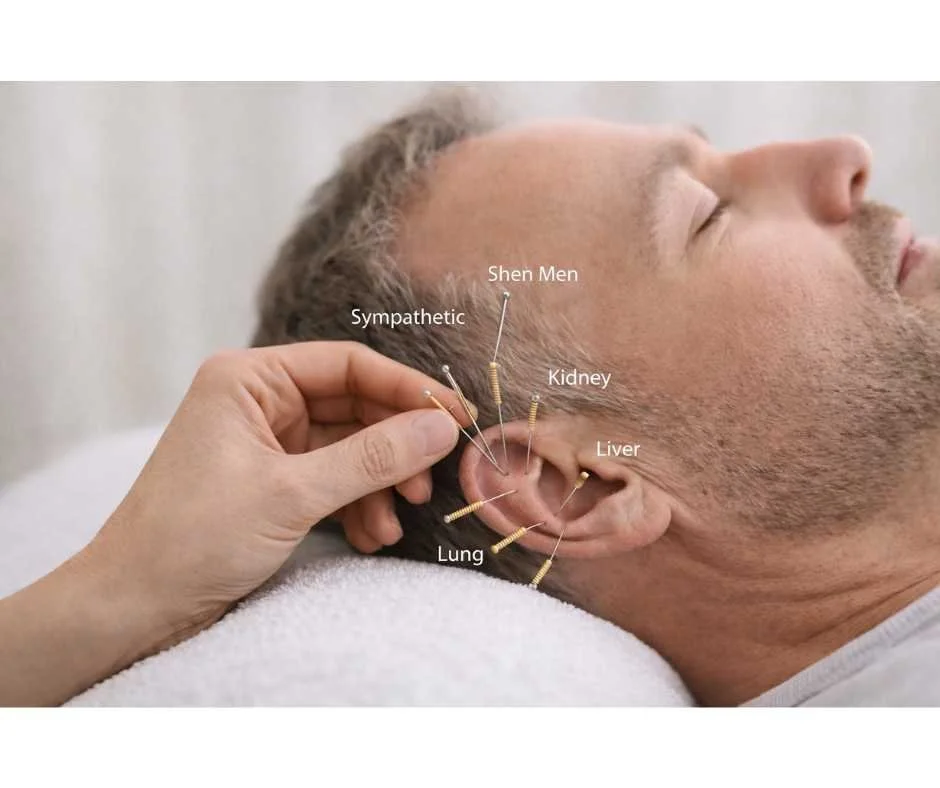 Auricular acupuncture using the NADA protocol to support smoking cessation through nervous system regulation.