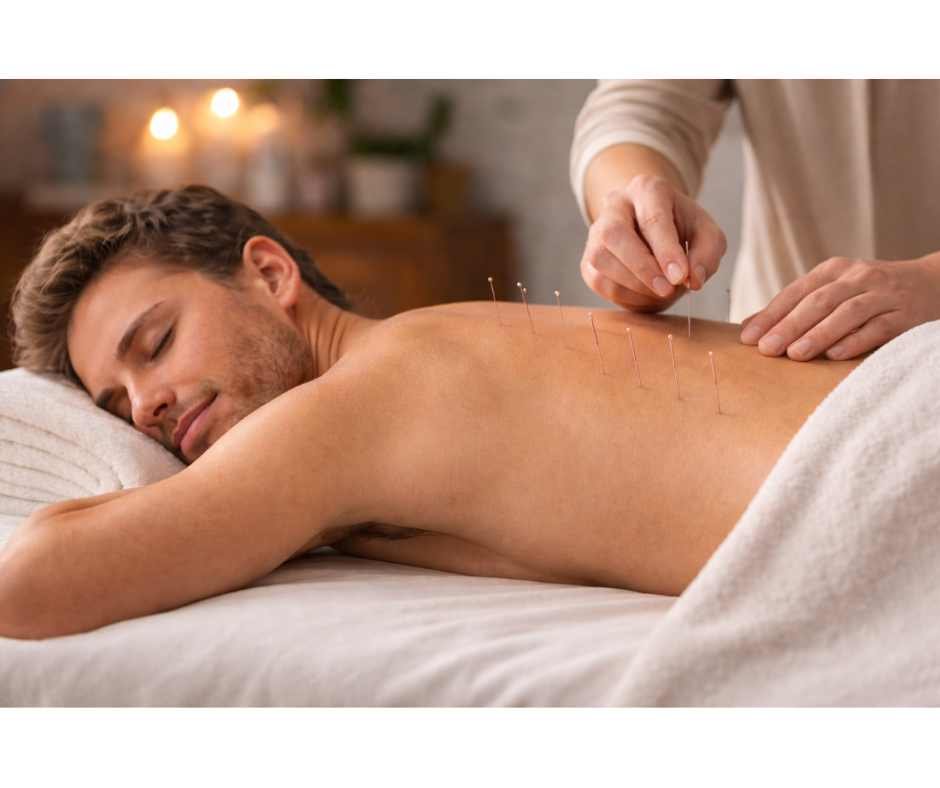 Acupuncture treatment with fine acupuncture needles placed along the thoracic paraspinal muscles while a relaxed male patient rests comfortably.