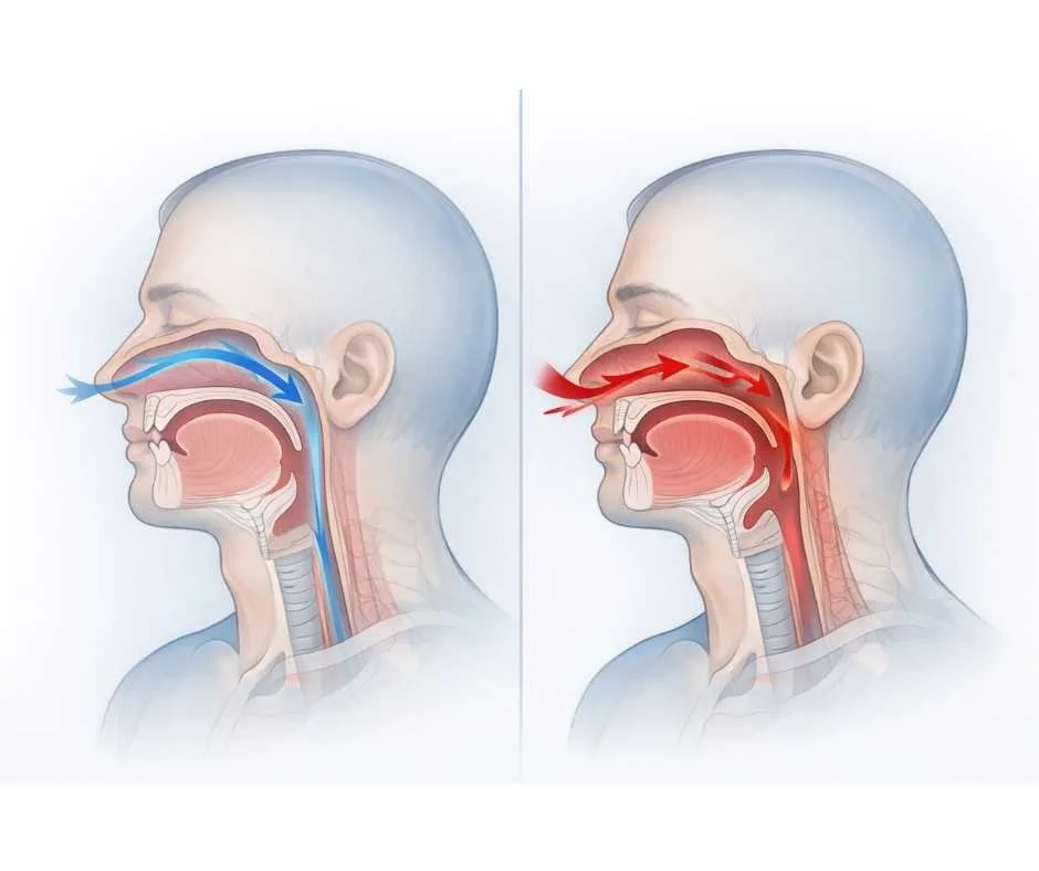Medical illustration of upper airway anatomy showing airflow obstruction in sleep apnea compared to stable nasal breathing