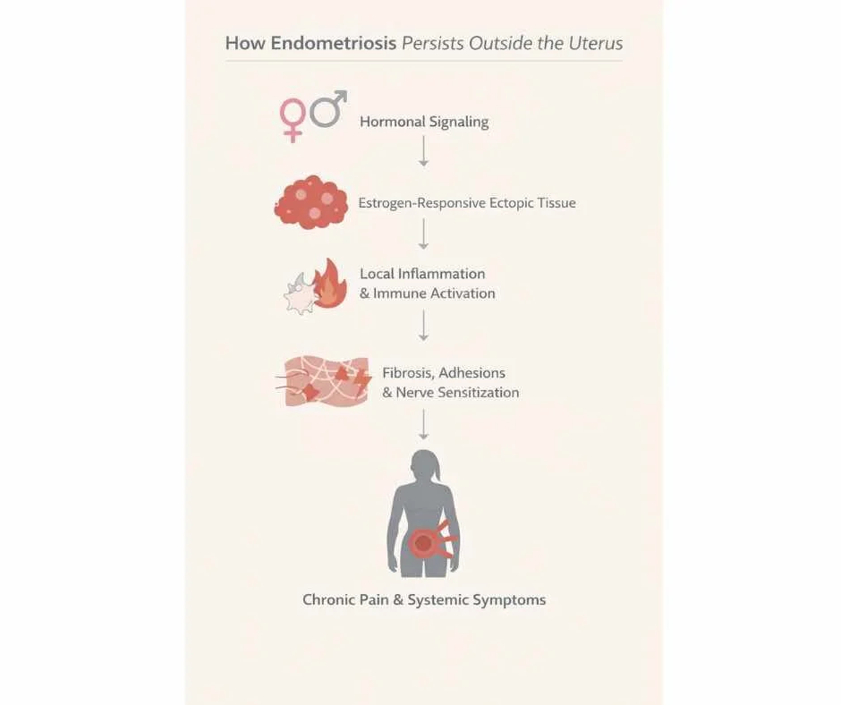 Diagram showing how hormonally responsive endometrial-like tissue outside the uterus drives inflammation, immune activation, and chronic pain in endometriosis