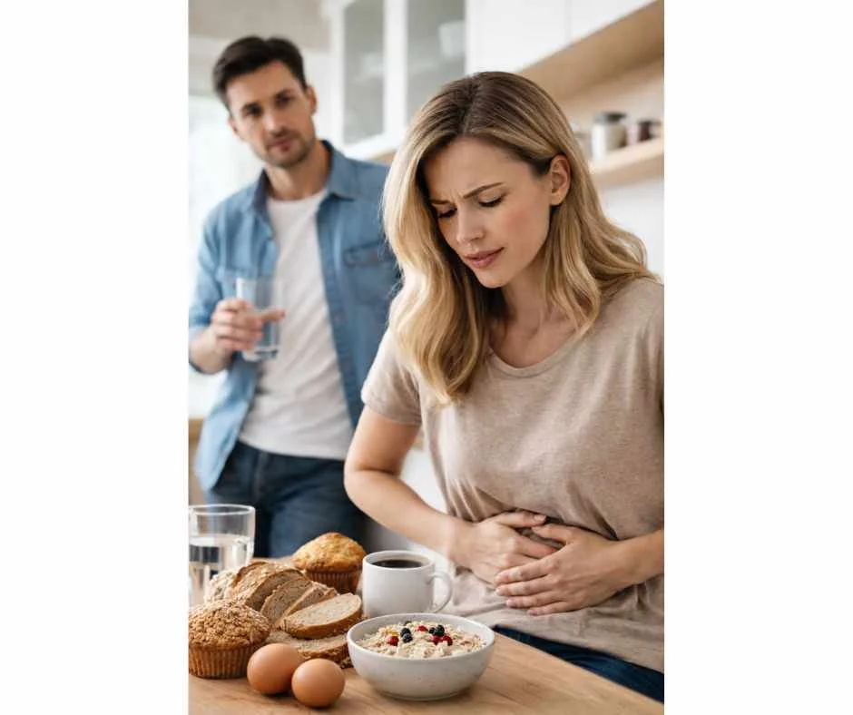 Person experiencing abdominal discomfort while seated at a kitchen table with bread, muffin, eggs, coffee, and oatmeal, illustrating non-celiac gluten sensitivity and cross-reactive foods