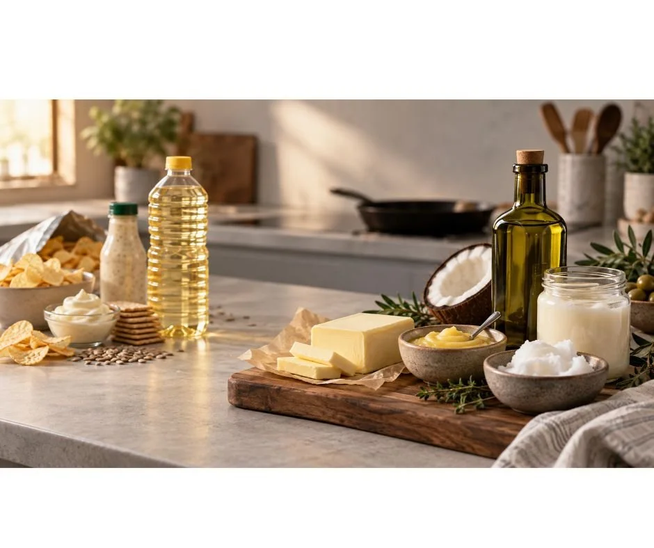 Refined seed oils beside butter, ghee, coconut oil, and olive oil, illustrating inflammation, oxidative stress, metabolic health, and gut health