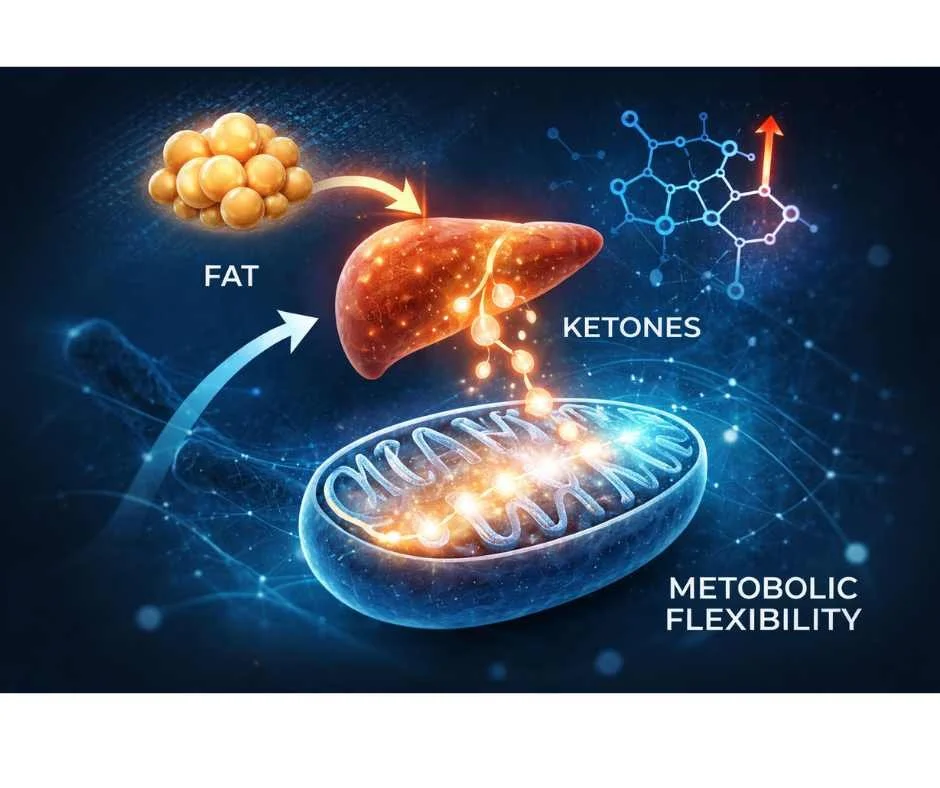 Medical illustration showing fat-to-ketone conversion, cortisol signaling, and mitochondrial energy production to represent metabolic flexibility